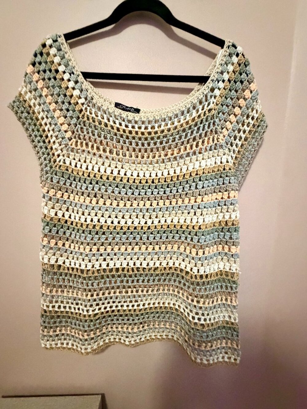 Charlie B Crochet Open Knit Striped Top L/XL Boho Pastel Neutral